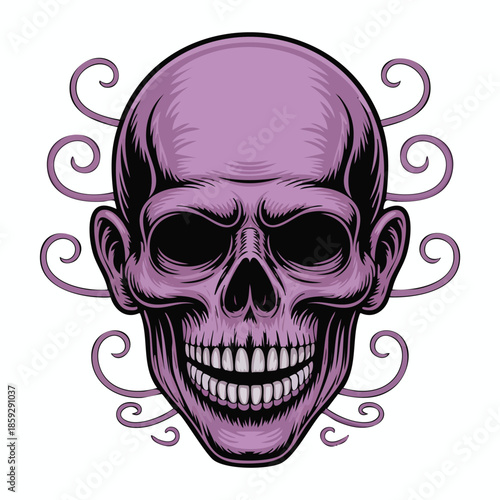 Purple Skull Illustration with Twisting Swirls.