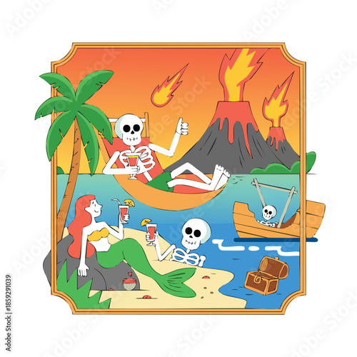 Skeletons Relaxing on Tropical Beach Vacation Scene.