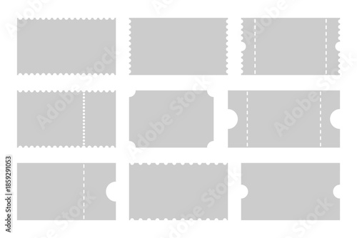 Admit tickets mockups on white background. Ticket for festival, casino, cinema, circus, theater, club. Empty flat tickets templates. ticket mockups with ruffle edges . vector illustration.
