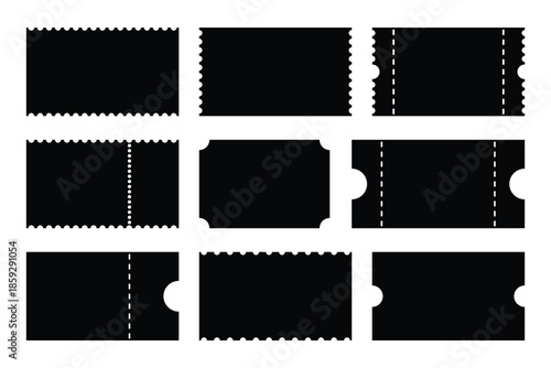 simple tickets flat mockups. Ticket simple pattern for cinema, circus, theater, festival, casino, club. Empty templates. Blank Paper Tickets and Coupons vector illustration.