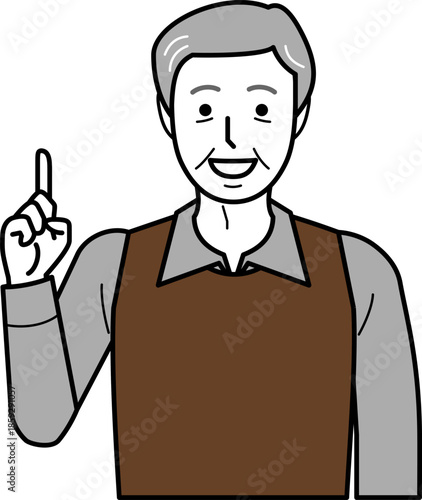 正面向き。ナンバーワンポーズをするシャツとベストを着た高齢男性。