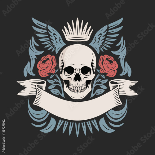 Skull with Crown and Wings Banner Detail.