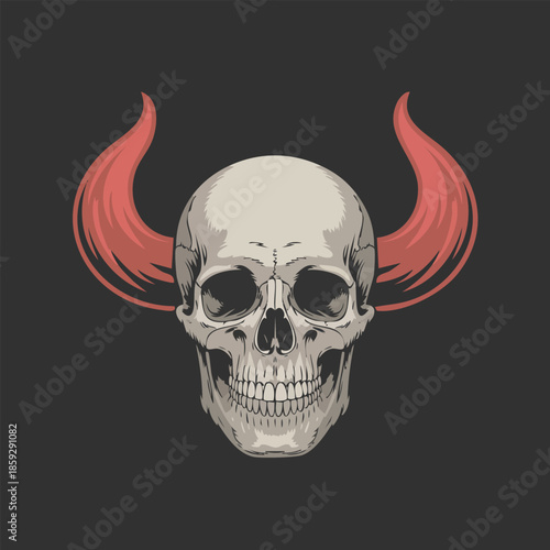 Skull with Red Curved Horns Artistic Illustration.