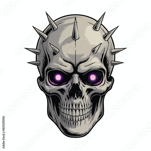 Spiked Skull Illustration with Menacing Purple Eyes.