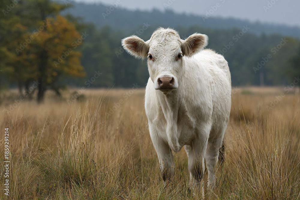 Fototapeta premium White cow standing in natural pasture with dry grass and blurred forest background, showing calm and peaceful rural farming environment