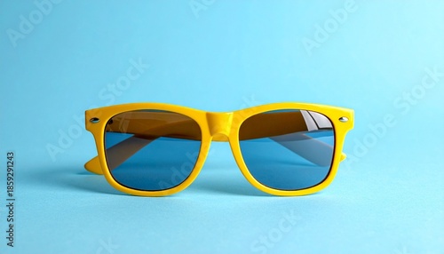 Bright yellow sunglasses with dark blue lenses centered on light blue background