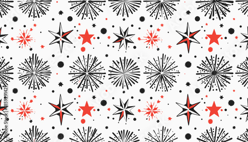 A festive and dynamic seamless pattern featuring an array of hand-drawn stars, dots, and abstract bursts, perfect for holiday designs and celebratory backgrounds.