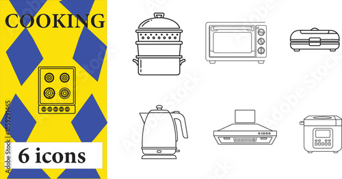 Collection of cooking icons including appliances and utensils