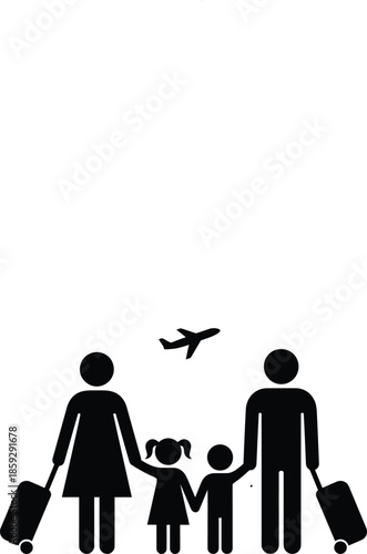 A simple pictogram depicting a family of four embarking on an airline journey with suitcases