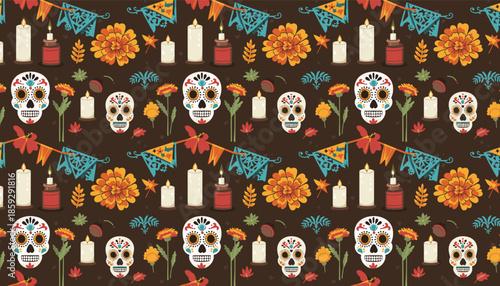 A vibrant and festive seamless pattern featuring traditional sugar skulls, marigolds, candles, and colorful papel picado banners, perfect for Dia de los Muertos celebrations.