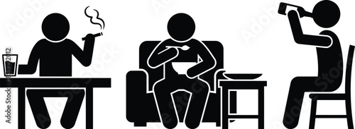 Three stick figures showing different forms of consumption: smoking, eating, and drinking.
