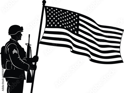 American soldier silhouette vector, patriotic military illustration, waving USA flag, national pride, Memorial Day, Veterans Day, black and white artwork