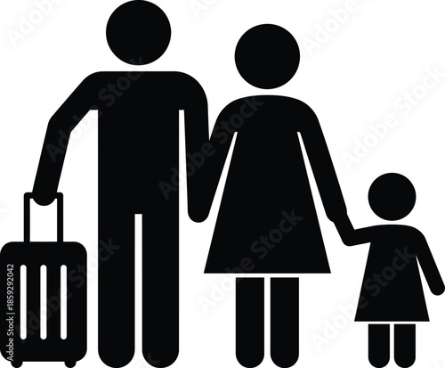 A simple black silhouette icon representing family travel with a suitcase
