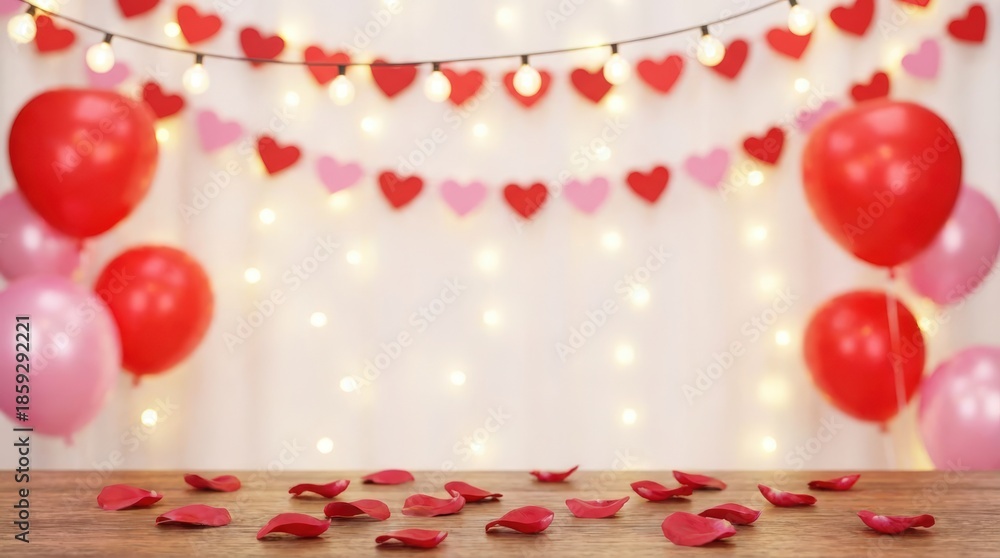 Obraz premium Romantic celebration with heart decorations and balloons indoor event festive ambiance cozy setting close-up view love and affection theme for valentine's day decoration