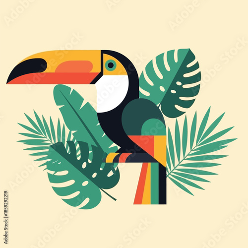 A colorful toucan perches amidst abundant tropical foliage.