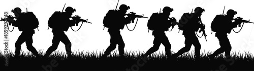 Armed soldiers walking silhouette vector, tactical patrol in grass, military teamwork, black and white illustration, defense operation, combat coordination artwork