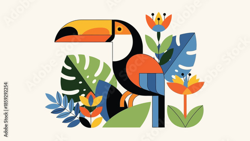 A toucan sits surrounded by abstract tropical leaves and bright orange flowers.