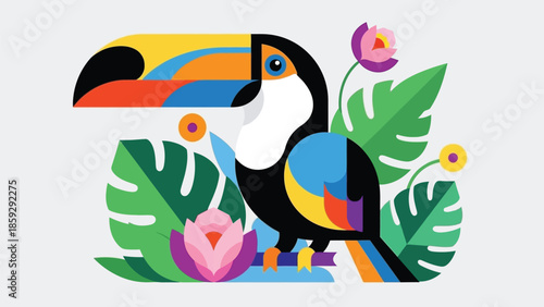 A whimsical toucan is illustrated with vibrant flowers and tropical leaves.