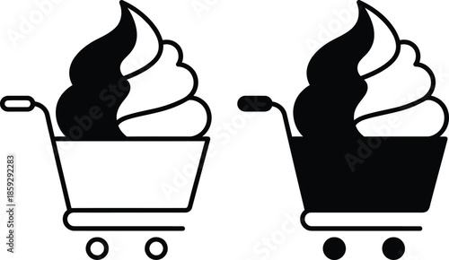Shopping cart with soft-serve ice cream icon, outline and glyph style, for dessert shop