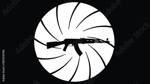 Assault rifle silhouette, AK-47 style weapon, centered in aperture circle, black vector art, firearm icon, military concept, graphic symbol