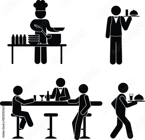 Simple stick figure icons depicting various activities in a restaurant or bar setting