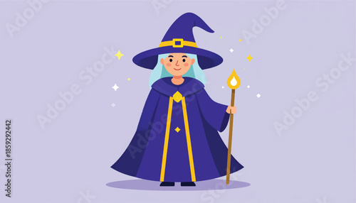 Cartoon Witch with Staff and Hat Illustration.
