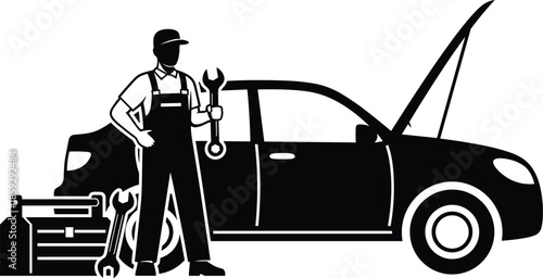 Automotive mechanic with wrench, car repair scene, silhouette illustration, black vector art, open hood, toolbox, tire, service concept, maintenance icon