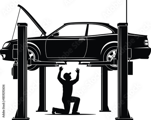 Cad drawing, flat vector illustration, car on lift, mechanic silhouette, auto repair shop, vehicle maintenance, garage service, black and white artwork