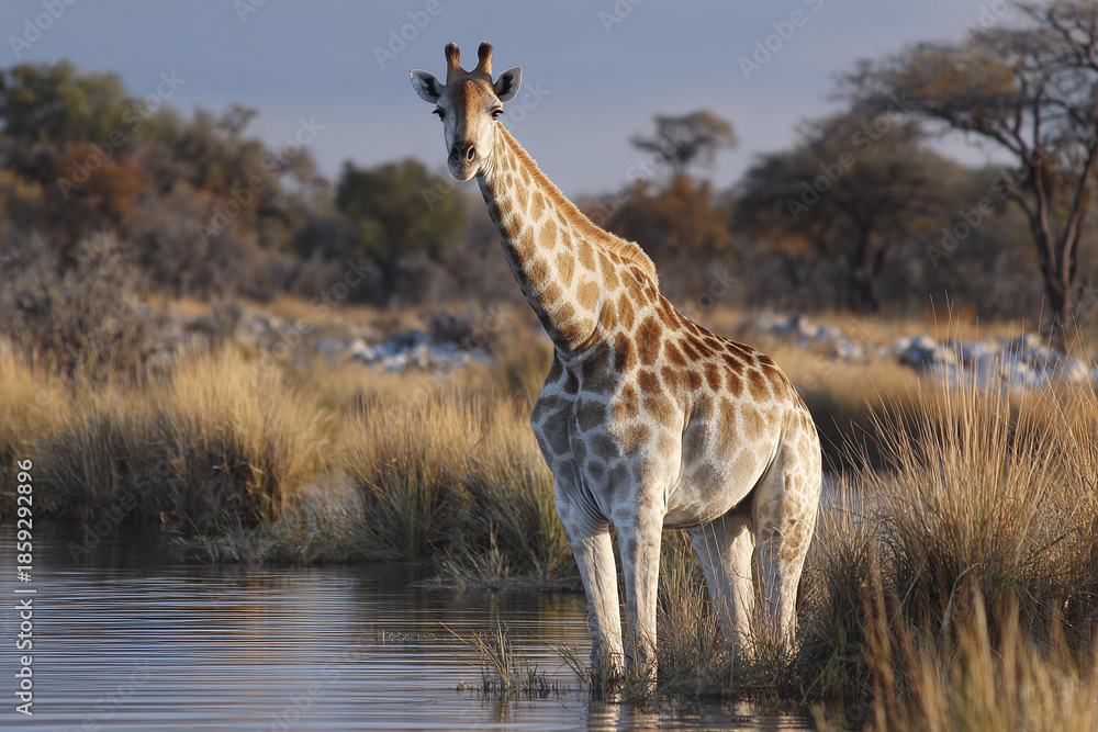 Obraz premium Giraffe standing in water at natural water source surrounded by dry grass and trees during daytime in wildlife habitat, showing calm and serene atmosphere