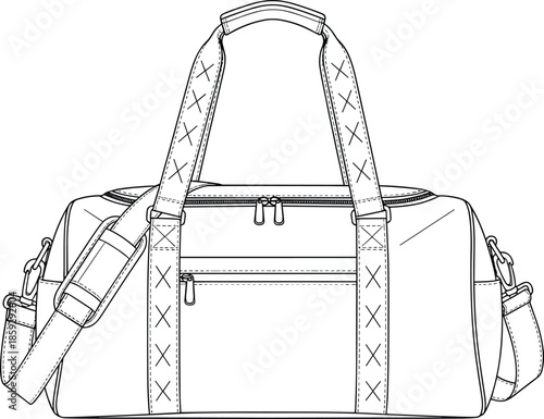 Cad drawing, flat vector illustration, duffel bag sketch, zippered pocket, shoulder strap, cylindrical shape, travel gear, product design, accessories