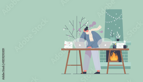 Overworked woman suffering burnout while working remotely during the winter holiday season