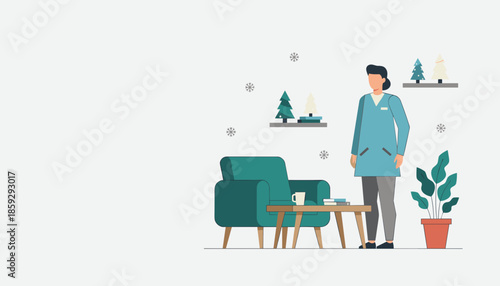 Professional woman stands in a modern welcoming room decorated for winter ideal for medical consulting