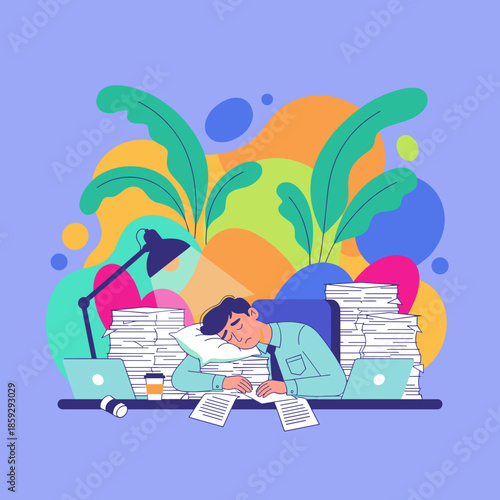 Burned out professional sleeping on paper stacks at his desk overwhelmed by work pressure