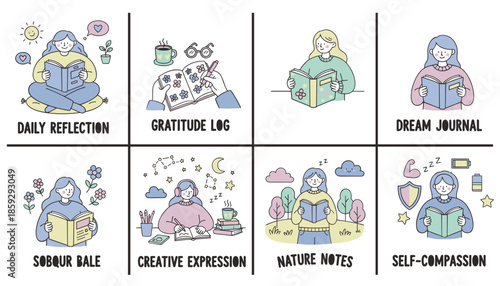 Selfcare and mental wellness journaling concepts grid gratitude reflection creativity and selfcompassion