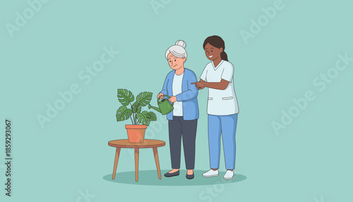 Caregiver assists senior woman watering a houseplant for therapy and elderly activity