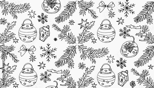 This festive black and white Christmas pattern features beautifully hand-drawn ornaments, snowflakes, and fir branches, perfect for holiday designs and winter celebrations.