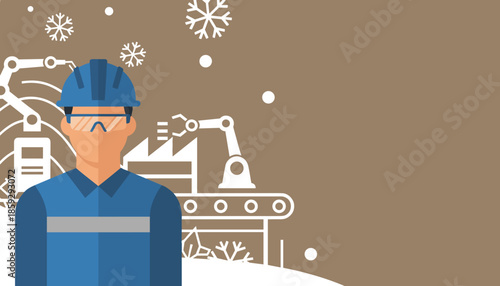 Industrial worker in safety gear automated factory background with snow Manufacturing and robotics