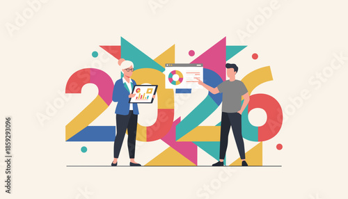 Professionals analyze charts and data for 2026 business planning and strategy flat vector illustration