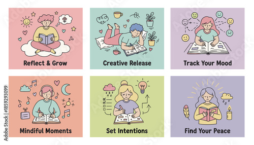 Set of cute illustrations for mental health selfcare journaling tracking mood and finding inner peace
