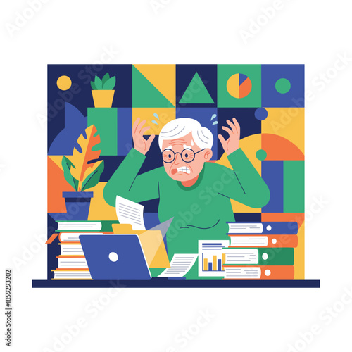 Stressed senior adult overwhelmed by complex tax documents and huge business workload illustration