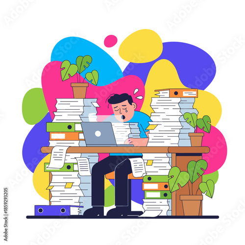 Burnout Stressed employee overwhelmed by massive paperwork piles and deadlines in the office