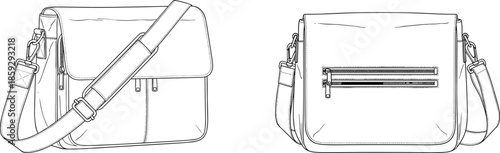Cad drawing, flat vector illustration, messenger bag sketch, flap closure, zippered pockets, adjustable strap, fashion accessory, product design, gear