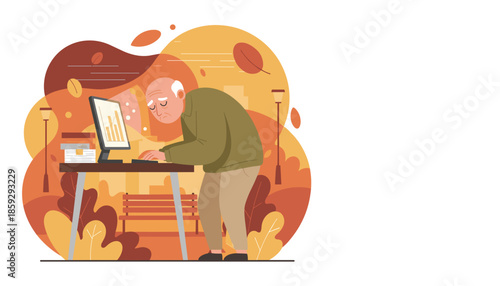 Senior man leaning over a computer analyzing a business chart with effort in an autumn park workspace