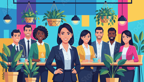 Happy diverse business team meeting in a vibrant modern office with plants Teamwork and success