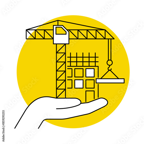 Construction project support - thin line illustration with yellow fill