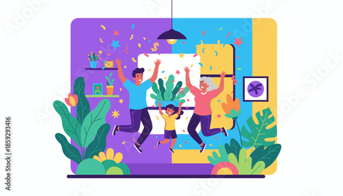 Happy family parents and child celebrating success jumping indoors surrounded by plants and confetti