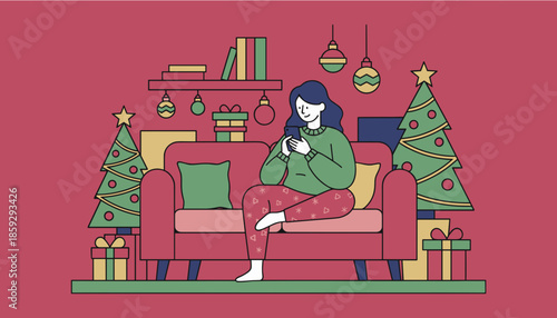 Woman using smartphone on a sofa in a festive Christmas living room enjoying holiday relaxation