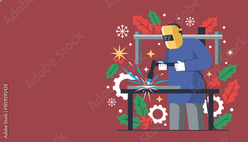 Welder creating sparks amidst holly gears and snowflakes Christmas industrial work illustration