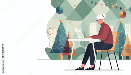 Digital senior woman works on a laptop in a festive urban setting combining business and holidays