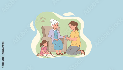 Multigenerational family care Daughter gives grandmother water while granddaughter draws happily